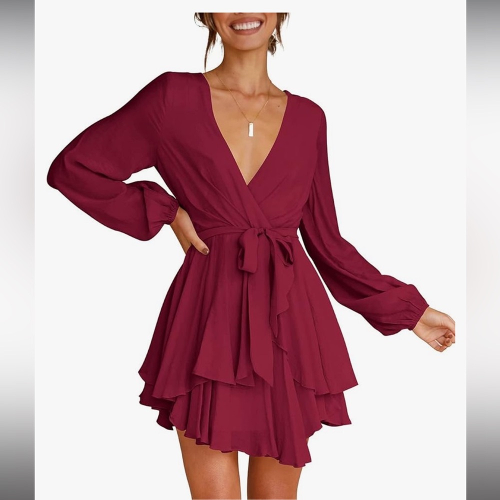 Cosonsen Women's Dress Deep V-Neck Long Sleeve Waist Tie Ruffle Mini Dress